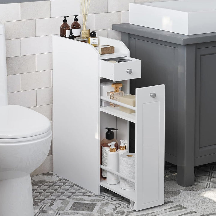 Lille badeværelsesskab, smal badeværelsesopbevaringsenhed, badeværelsesorganisator, fritstående skab til toiletpapir med udtrækkelige skuffer, til små rum, hvid