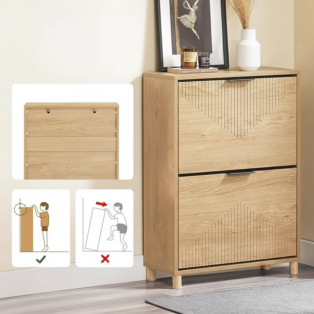 Smalt skoskab i trælook, pladsbesparende, op til 8 par sko, inkl. vippefunktion, 60 × 88 × 24 cm