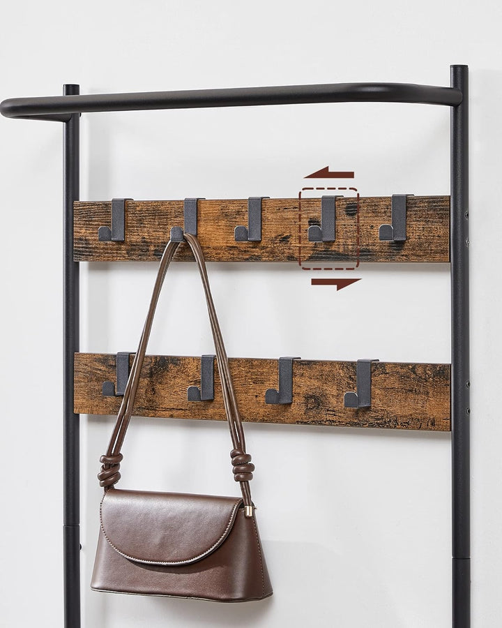 Tøjstativ med 9 aftagelige knager og bænk, 32x64x180 cm, brun/sort