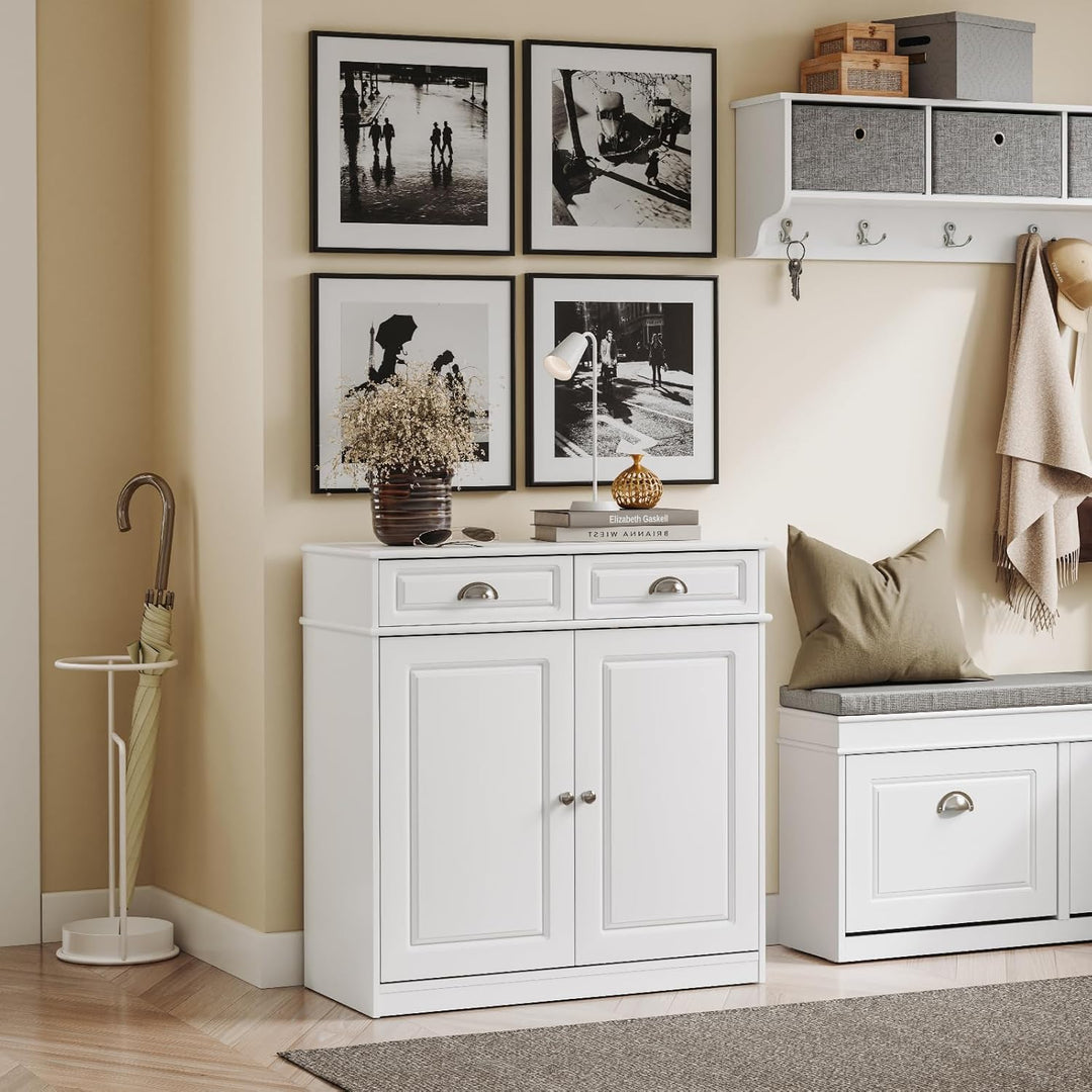 Elegant skoskab & kommode – plads til 12-15 par sko – justerbare hylder & 2 skuffer – hvid MDF