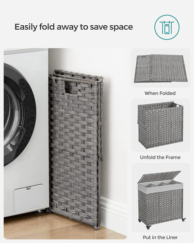 Praktisk vasketøjskurv med låg og aftagelig inderpose, 3 rum, grå
