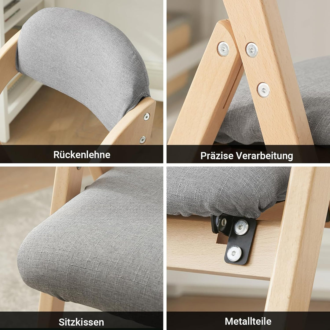 Sæt med 2 sammenklappelige, polstrede træstole i lysegrå – ergonomiske og pladsbesparende køkken- og spisebordstole, 47,5 × 77 × 59 cm