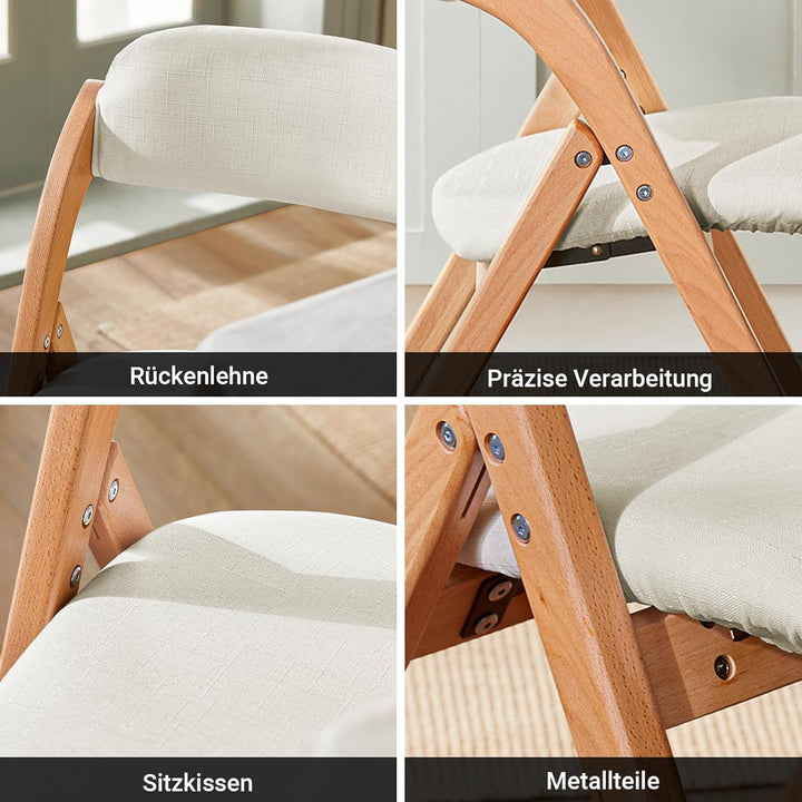 Sæt med 2 sammenklappelige, polstrede træstole i hvid – ergonomiske og pladsbesparende køkken- og spisebordstole, 47,5 × 77 × 59 cm