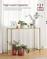 Konsolbord i hærdet glas med metalramme, justerbare fødder, D35 x B100 x H80 cm, guldfarvet