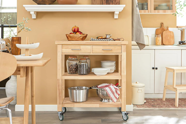 Serveringsvogn i massivt gummitræ – Mobil køkkenvogn med bordplade og hylder