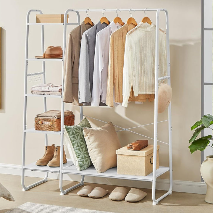 Tøjstativ med 5 hylder til opbevaring, skohylde, 6 kroge på siderne, hvid, mål: 45 x 120 x 160 cm