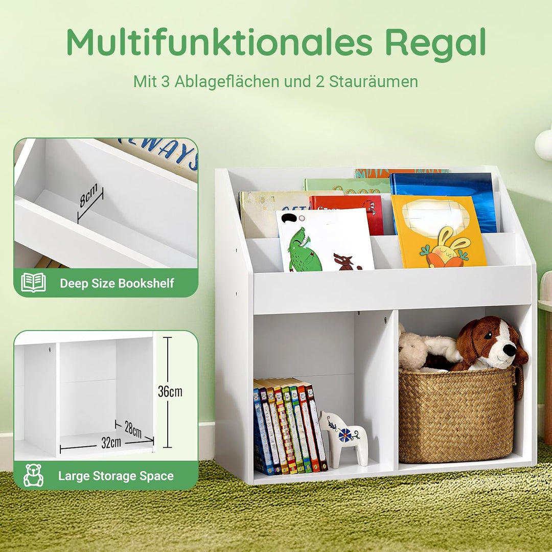 Bogreol Montessori til børn, 3 opbevaringsrum og 2 åbne rum til opbevaring af legetøj, 68 x 68 x 30 cm, hvid