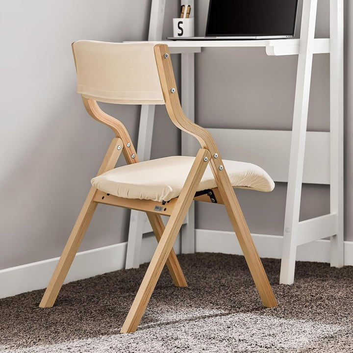 Sæt med 2 sammenklappelige træstole i hvid – ergonomiske, polstrede køkken- og spisebordstole, ideelle til balkon, have og camping