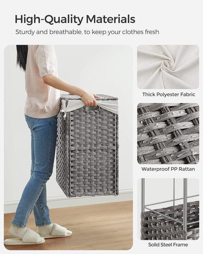 Praktisk vasketøjskurv med låg og aftagelig inderpose, 3 rum, grå