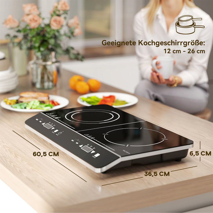 Bærbar induktionskogeplade, 10-trins temperaturkontrol, touchpanel, sort