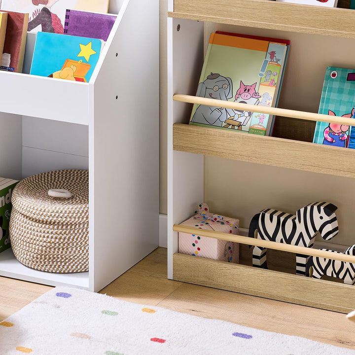 Montessori børnebogreol i hvid og natur – bog- og legetøjsreol med 4 hylder (60 × 130,5 × 15 cm)