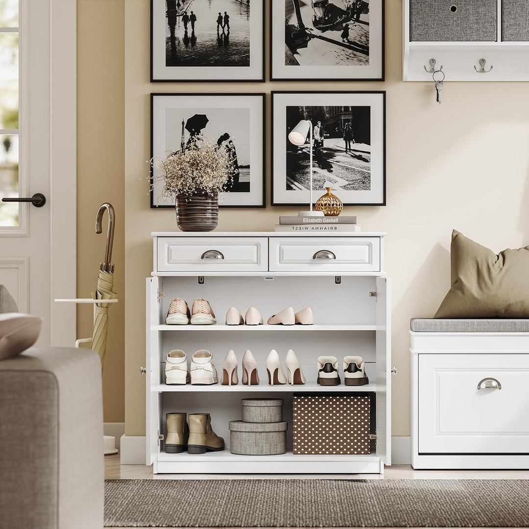 Elegant skoskab & kommode – plads til 12-15 par sko – justerbare hylder & 2 skuffer – hvid MDF