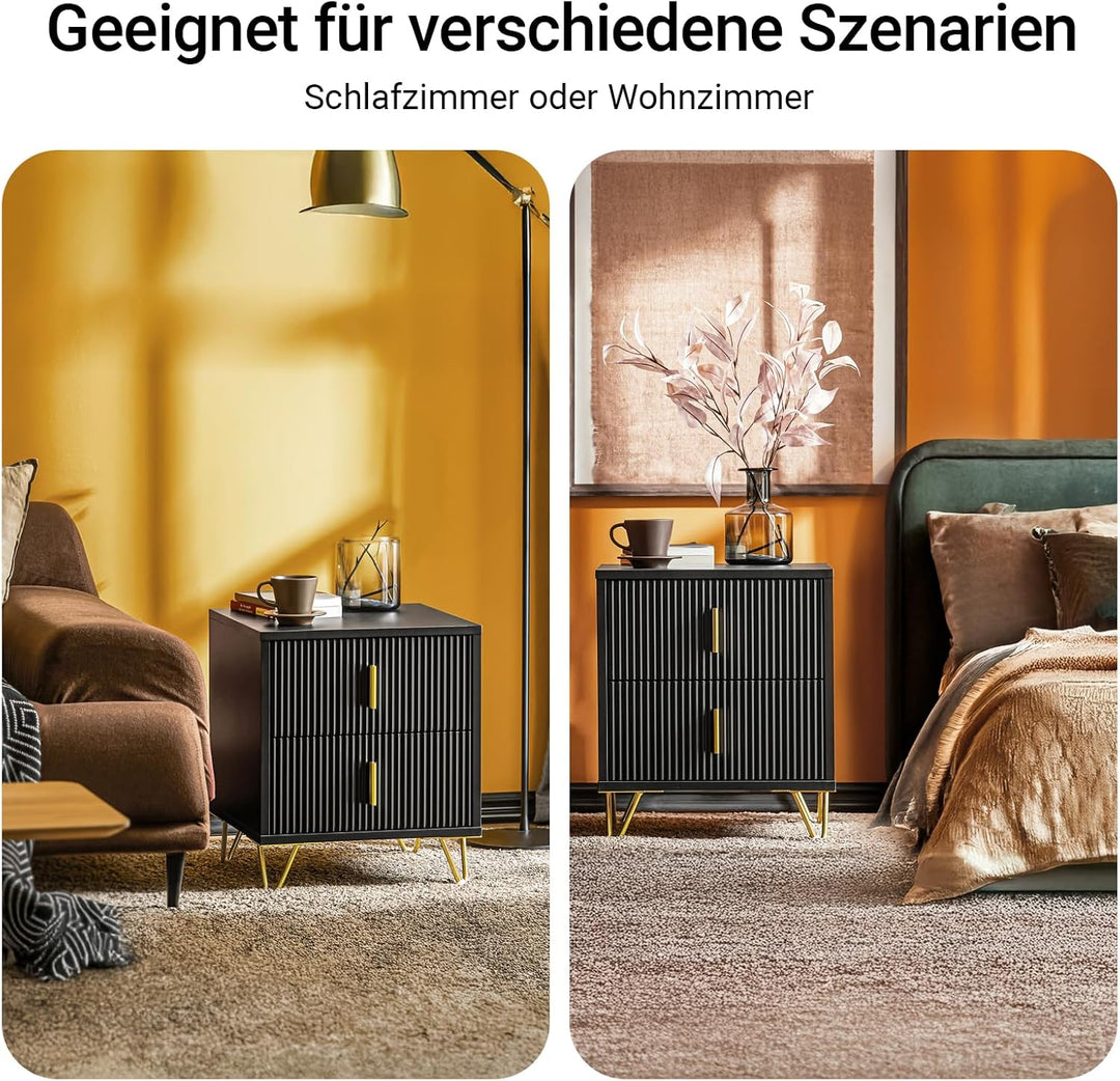 Sengeborde, sæt med 2 styks, natbord med 2 skuffer, moderne sidebord til soveværelse, B40 x T40 x H47 cm, sort