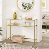 Konsolbord med hærdet glas, metalramme, justerbare fødder, guldfarvet