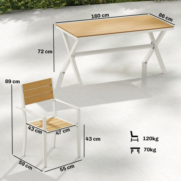 Havemøbelsæt, siddegruppe, 7 dele, bord med 6 stabelbare stole, trælook, aluminiumsstel, teak