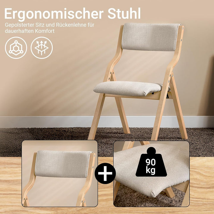 Sæt med 2 x sammenklappelige træstole i grå – ergonomiske, polstrede køkken- og spisebordstole, ideelle til balkon, have og camping