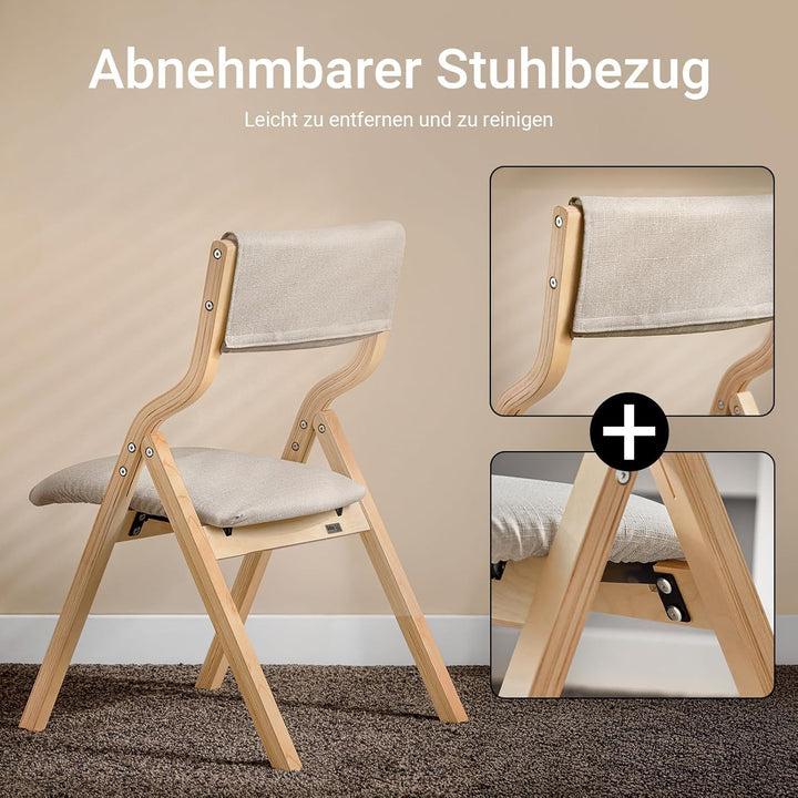 Sæt med 2 x sammenklappelige træstole i grå – ergonomiske, polstrede køkken- og spisebordstole, ideelle til balkon, have og camping