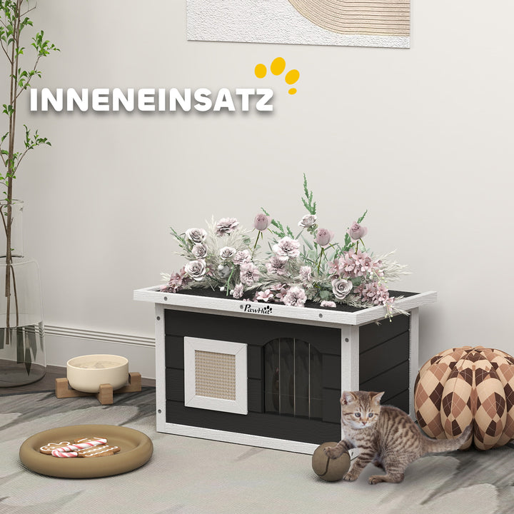 Kattehus, tilflugtssted for katte og kaniner, træhus med kradsemåtte, dørklap, 61 x 45 x 36,5 cm, grå