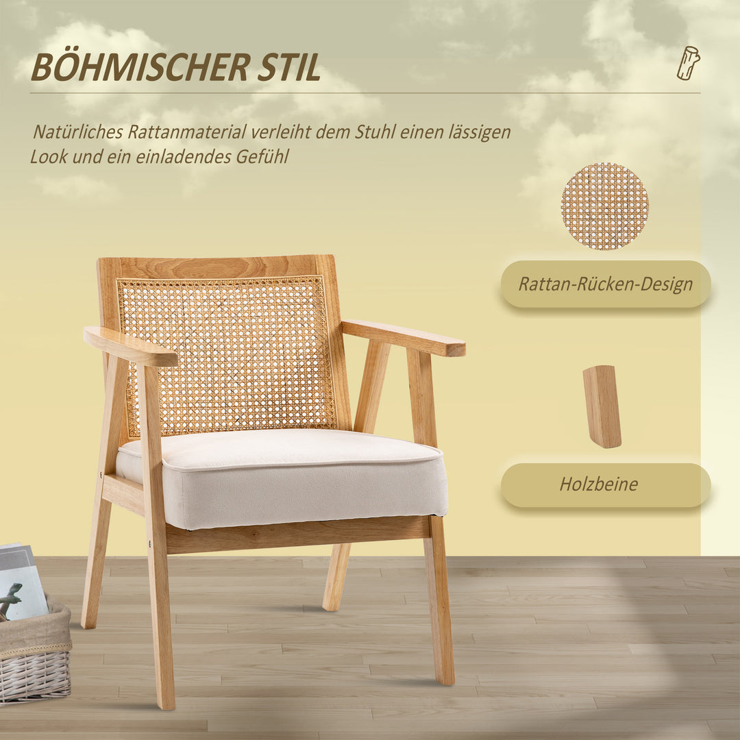 Eksotisk polstret stol, gummitræ, sædehynde med hørlook, 63l x 69b x 78h cm, cremehvid