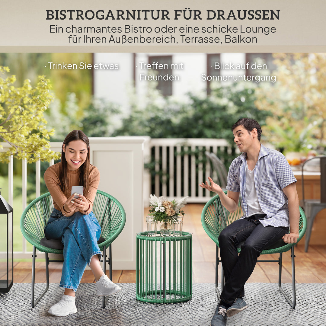 3-Delt havemøbelsæt, 1 bord, 2 stole, glasbordplade, plastikrattan omkring stålramme, bløde hynder, grøn