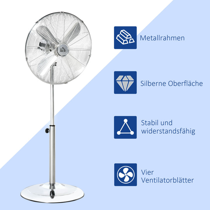 120 cm standerventilator, højdejusterbar ventilator, 3 hastighedsindstillinger, justerbar hældningsvinkel, stål, sølv