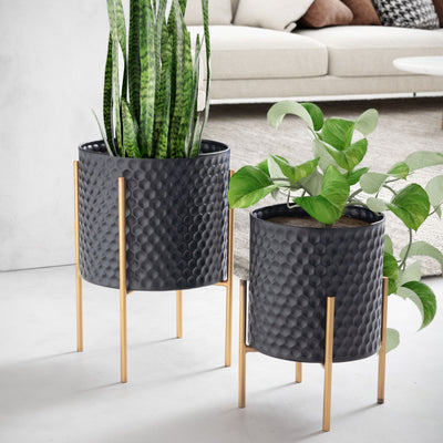 Stilfulde urtepotter til dine planter, sæt med 2, honeycomb mønster i 3D, sort og guldfarvet