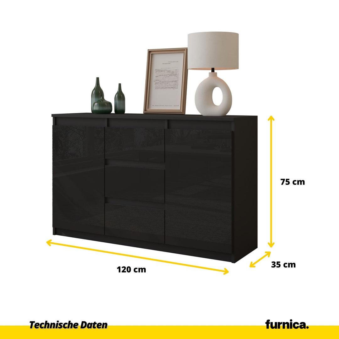 MIKEL - Kommode med 3 skuffer - antracit-grå / højglans sort H75cm B120cm D35cm