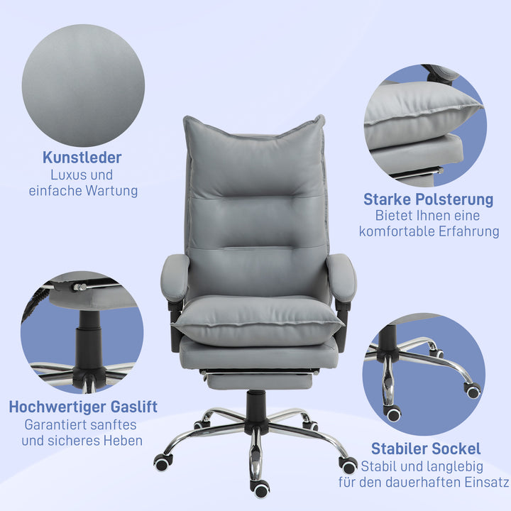 Ergonomisk kontorstol, justerbar sædehøjde, lænelæn, kunstlæder, lysegrå