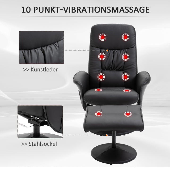 Lænestol med fodskammel, elektrisk massagestol med lænefunktion, 10 massagepunkter, drejelig tv-stol med sidelomme, fjernbetjening, kunstlæder, sort