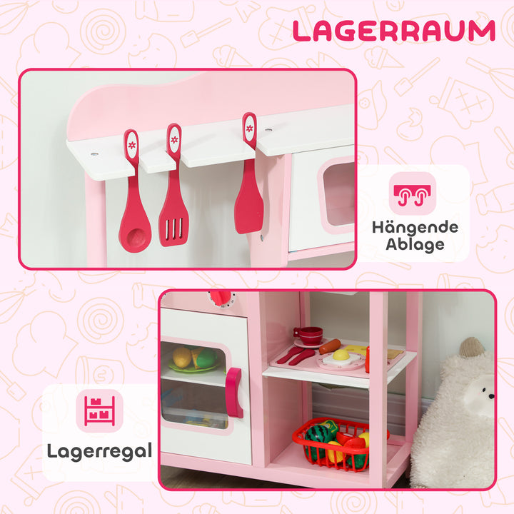 Børnelegekøkken, trætilbehør, køkkenapparater, kompakt, lyde, pink