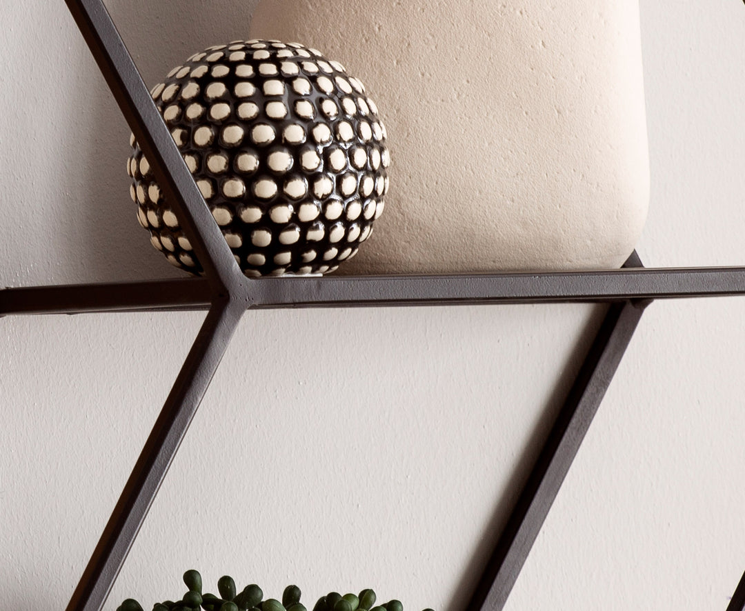 Væghylde 60x52x20 cm, massivt mangotræ/metal, industriel stil, svævende hylde med sekskantet design, dekorativ hylde med bikagemønster, væghylde med 3 hylder