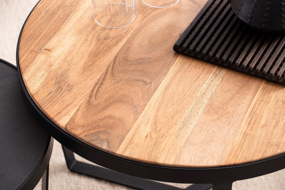 Sofabordsæt med 2, massivt akacietræ / stenlook, rundt stuebord, indskudsborde med metalstel, moderne sofabord, sofabord, 2-delt indskudsbord, brun / antracit