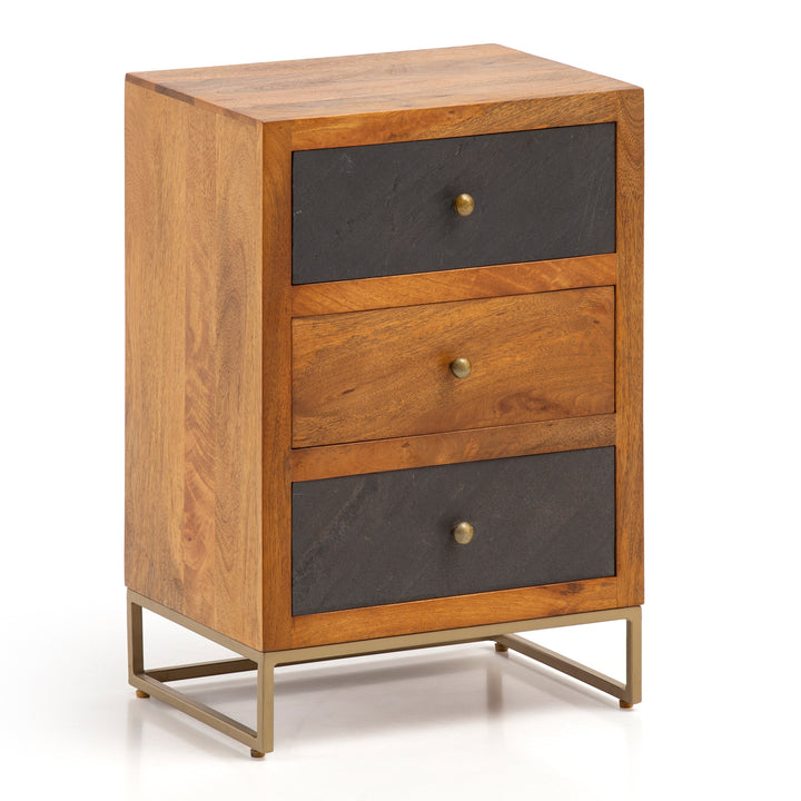 Natbord i mangotræ / stenlook 40x60x30 cm, natbord til boxmadrasseng, designer natbord brun med 3 skuffer, natbord med opbevaringsplads og metalramme