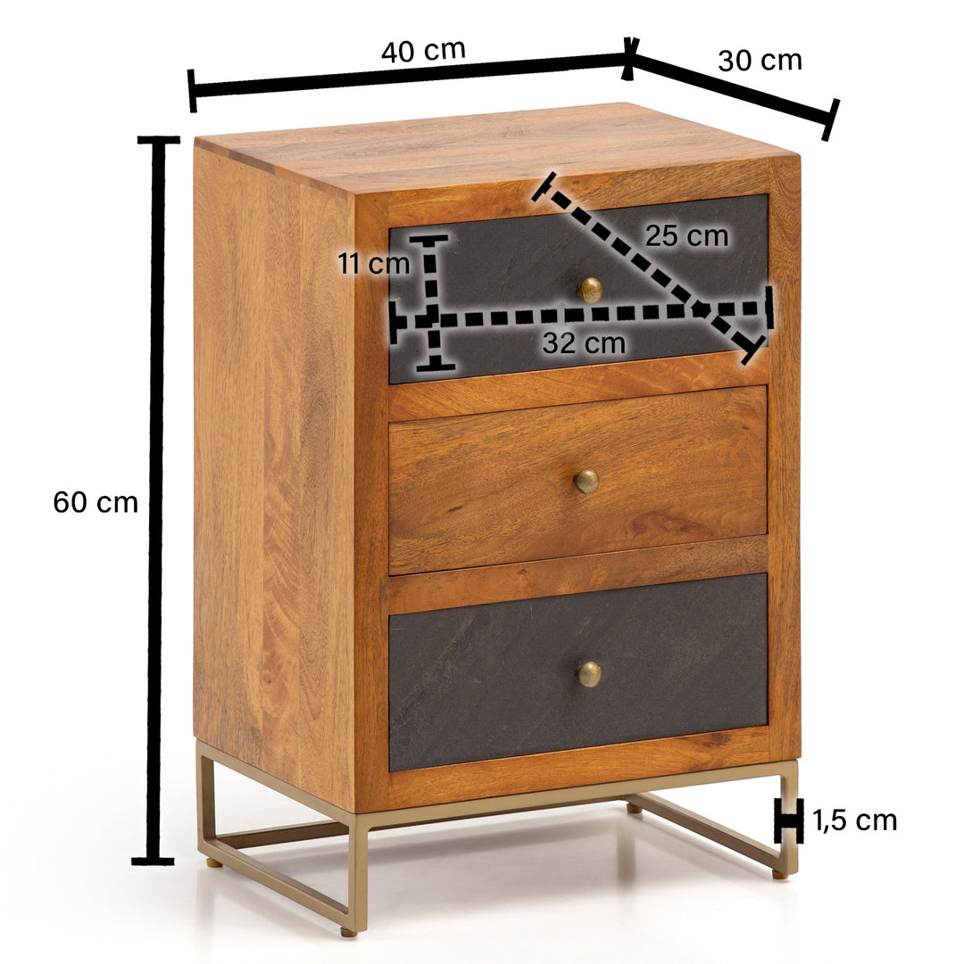 Natbord i mangotræ / stenlook 40x60x30 cm, natbord til boxmadrasseng, designer natbord brun med 3 skuffer, natbord med opbevaringsplads og metalramme
