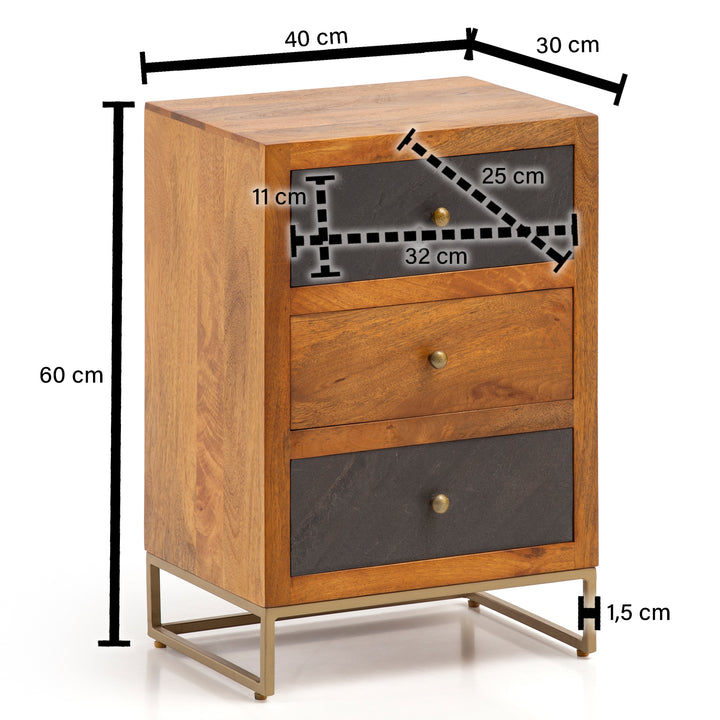 Natbord i mangotræ / stenlook 40x60x30 cm, natbord til boxmadrasseng, designer natbord brun med 3 skuffer, natbord med opbevaringsplads og metalramme