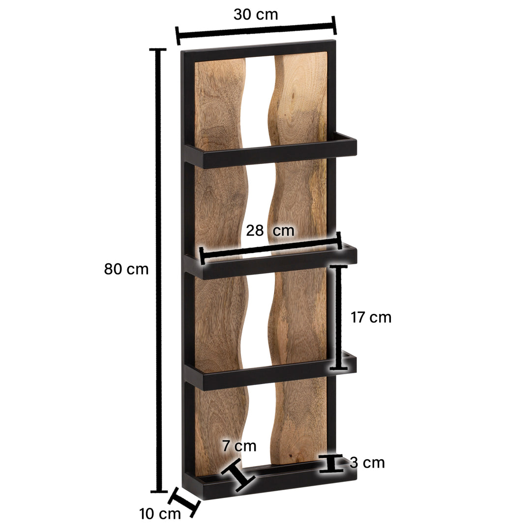 Væghylde 30x80x10 cm, massivt mangotræ/metal, industriel stil, rektangulær svævende hylde, hængende hylde til stuen, trævæghylde med 4 hylder og bølgemønster