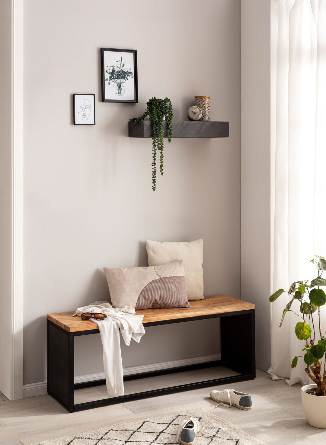 Væghylde 60x10x20 cm, massivt mangotræ / stenlook, moderne hængehylde, rektangulært design, hængehylde til stue, antracit