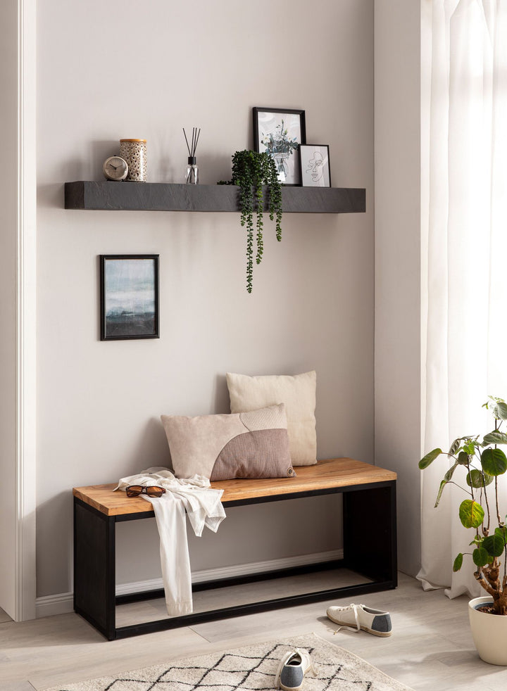 Væghylde 120x10x20 cm, massivt mangotræ / stenlook, moderne hængehylde, rektangulært design, hængehylde til stue, antracit