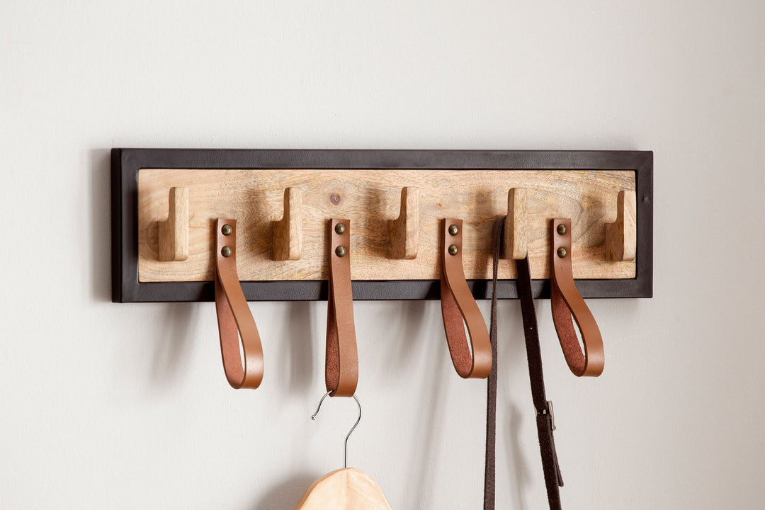 Vægmonteret knagerække af massivt mangotræ og ægte læder, 60x15x6 cm, knageskinne til jakker, tørklæder og hatte, knagerække til gangen med metalramme, vægmonteret knagerække af træ med løkker