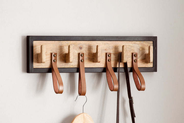 Vægmonteret knagerække af massivt mangotræ og ægte læder, 60x15x6 cm, knageskinne til jakker, tørklæder og hatte, knagerække til gangen med metalramme, vægmonteret knagerække af træ med løkker
