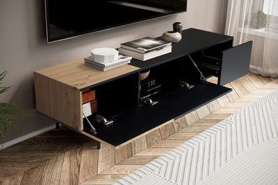 Lavt tv-bord i sort med egedekor - 150x40x40 cm