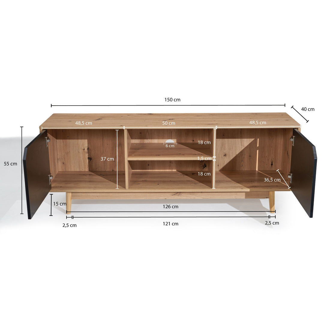 Lavt tv-bord i egedekor og sort - 150x55x40 cm