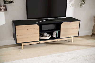 Lavt tv-bord / kommode i sort og egedekor - 150x55x40 cm