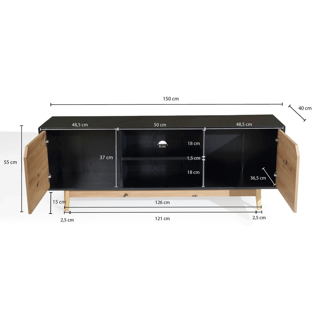 Lavt tv-bord / kommode i sort og egedekor - 150x55x40 cm