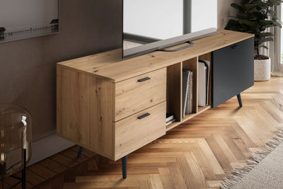 Lavt tv-bord i egedekor og sort - 150x55x40 cm