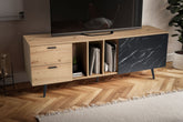 Lavt tv-bord i egedekor med marmorlook i sort - 150x55x40 cm
