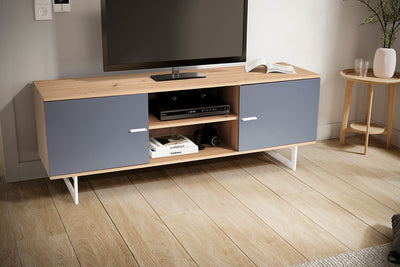 Lavt tv-bord i egedekor og grå - 150x55x40 cm
