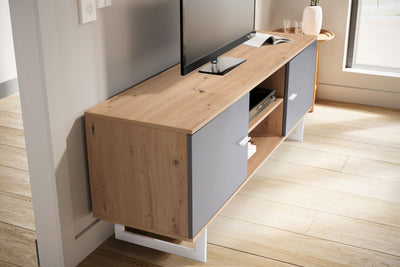 Lavt tv-bord i egedekor og grå - 150x55x40 cm