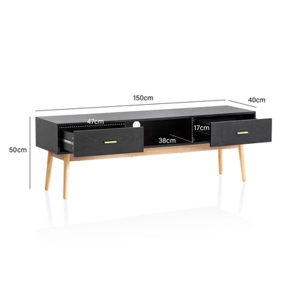Lavt tv-bord i sort, skandi-stil - 150x50x40 cm