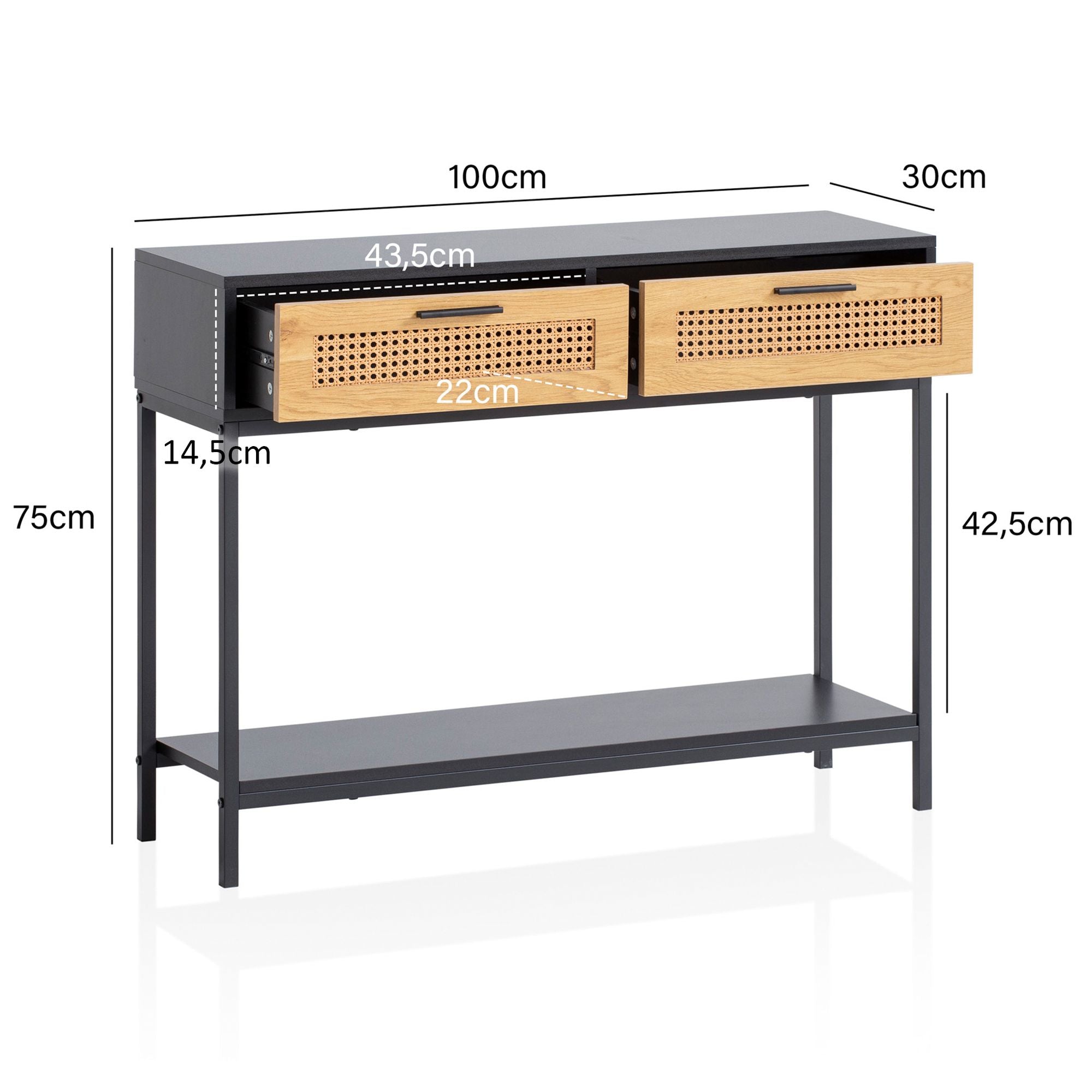 Konsolbord i sort og naturfarve med flet - 100x30x75 cm